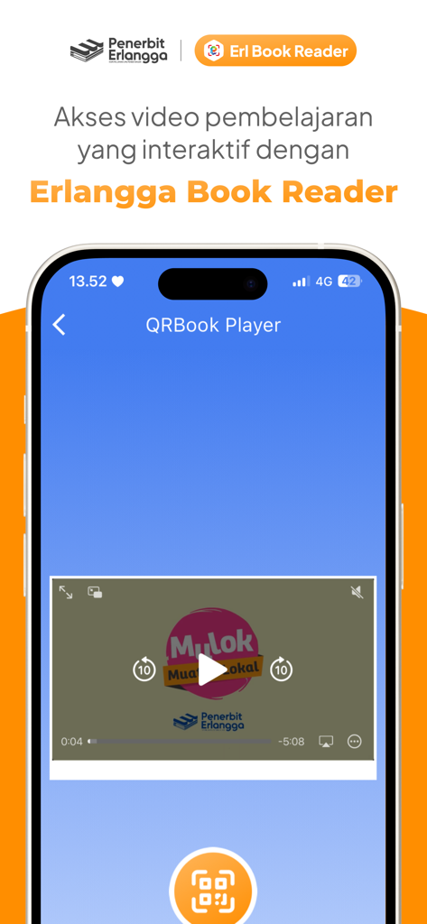 Erlangga QR Book Reader - A smartphone showing the interactive video player screen within the Erlangga QR Book Reader app for educational content