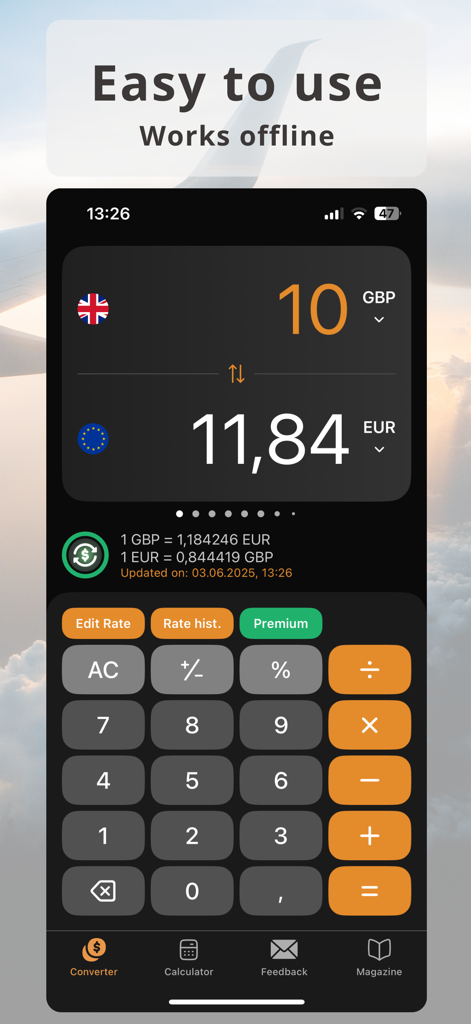 Currency Converter Plus - Currency Converter Plus mobile app interface showing GBP to EUR conversion with offline mode display