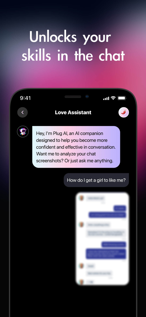 Plug AI - AI Dating Assistant - A interface de chat do aplicativo Plug AI mostrando o Assistente de Amor fornecendo conselhos de namoro e análise de captura de tela