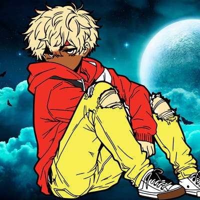 a male hoddie ripped jeans messy hair anime