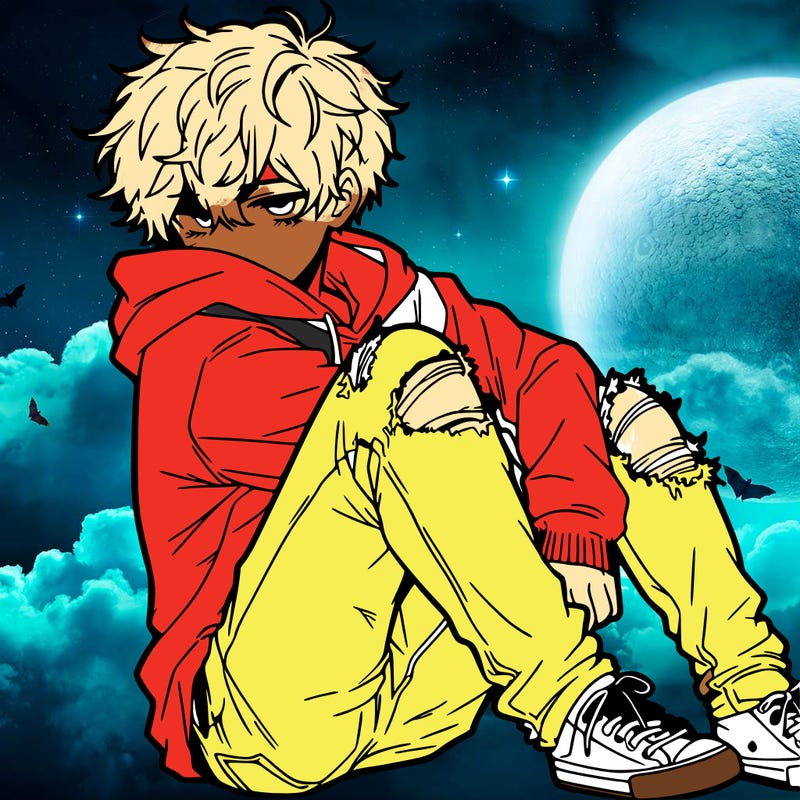 a male hoddie ripped jeans messy hair anime