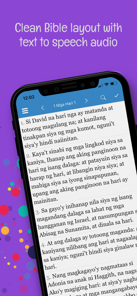 Smartphone screen showing the clean Tagalog Bible text layout in the Ang Dating Biblia app.
