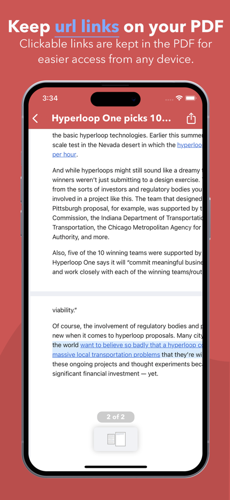 Web to PDF Converter & Reader - iPhone screen showing a PDF with clickable url links preserved from a webpage