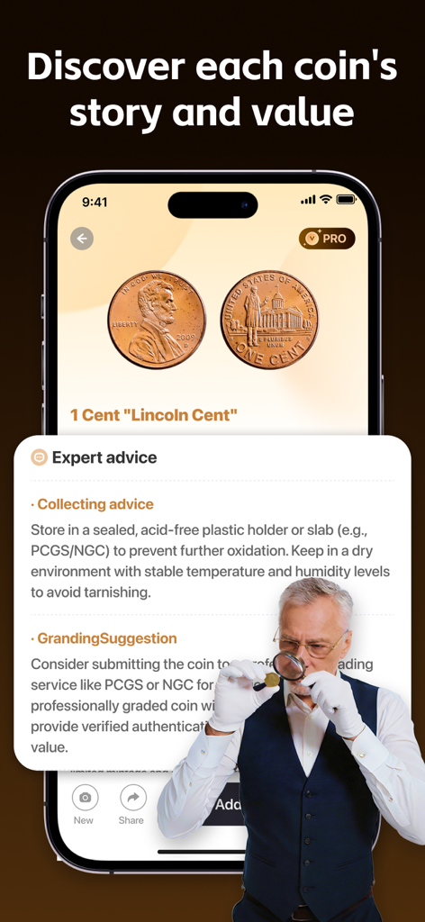 Coin Scanner & AI Identifier - Coin Scanner app interface showing expert advice and grading suggestions for a Lincoln Cent