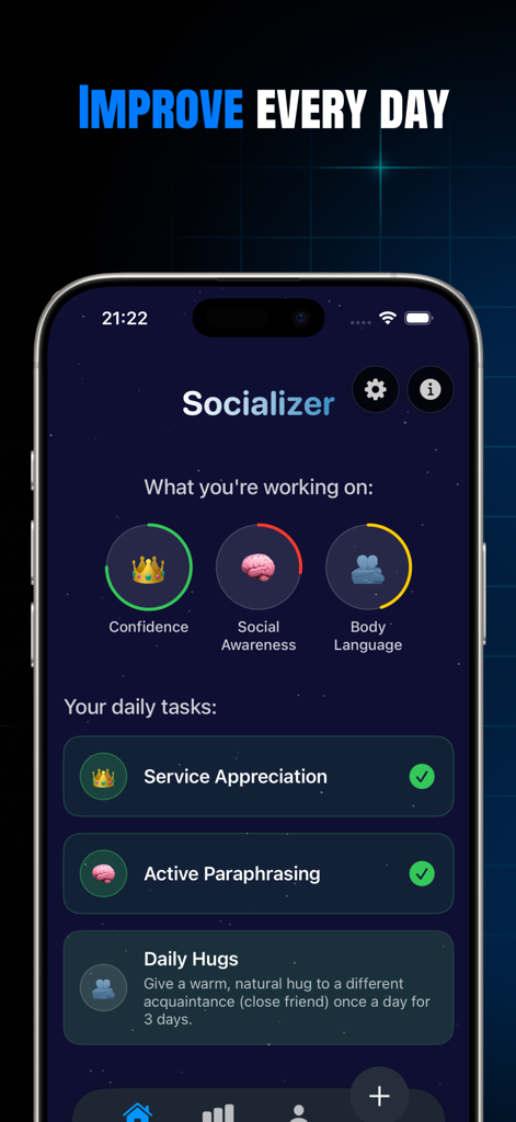 Dashboard of the Socializer app showing social skills progress trackers and daily improvement tasks