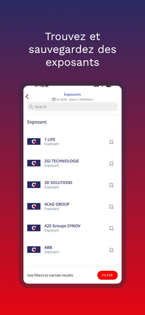 Liste consultable des exposants dans l'application de salon industriel myGI