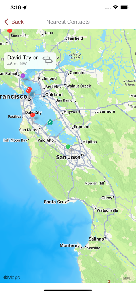 Nearest Contacts - A map interface showing contact pins in the San Francisco Bay Area with distance information.