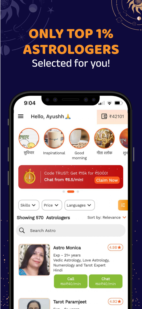Bodhi: Astrology & Horoscope - Interface do aplicativo Bodhi mostrando os melhores astrólogos védicos classificados disponíveis para chat e chamada instantâneos