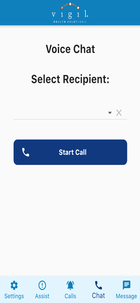 Vigil Mobile - Interface of the Vigil Mobile app showing the Voice Chat feature to select a recipient and start a call.
