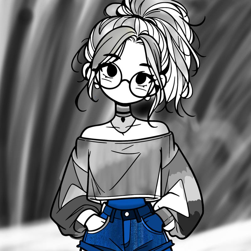 girl with a messy ponytail glasses a baggy crop top and jean shorts