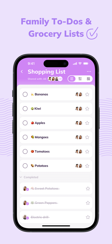 A shared family shopping list on the Cubbily app showing grocery items like fruit and vegetables with profile icons for family members