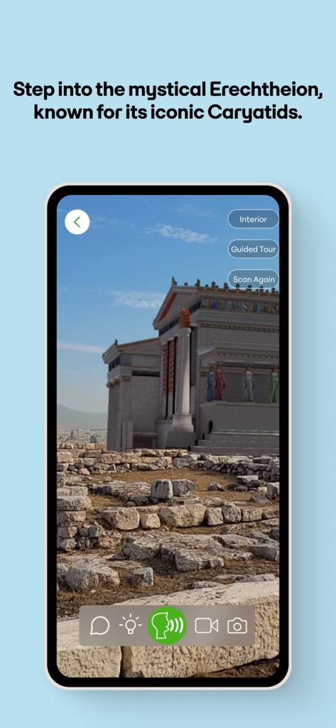 COSMOTE CHRONOS - A 3D digital reconstruction of the ancient Erechtheion temple shown in an augmented reality interface.