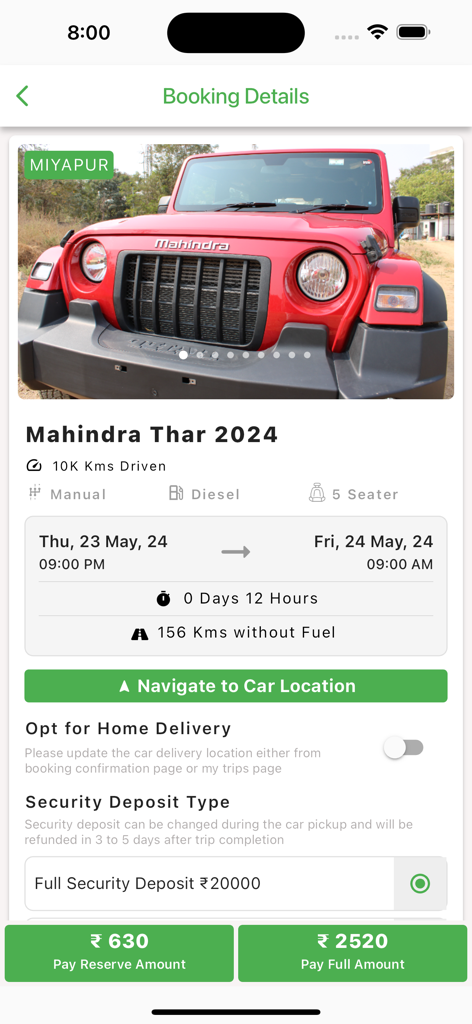 VCars - Self Drive Car Rentals - Detalles de reserva de la aplicación VCars para un alquiler de Mahindra Thar rojo 2024 en Hyderabad, India