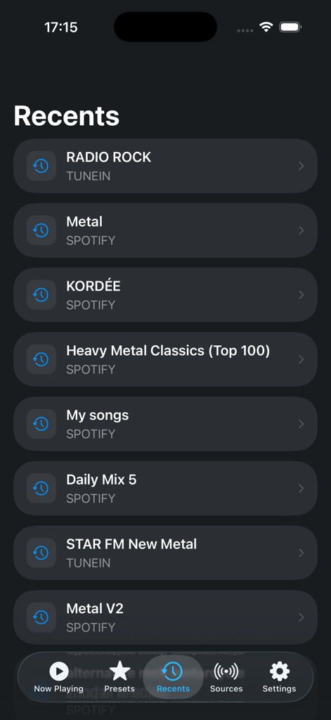 Remote for SoundTouch - Captura de pantalla de la pantalla de Recientes en la aplicación Remote for SoundTouch mostrando una lista de música y estaciones de radio reproducidas recientemente.