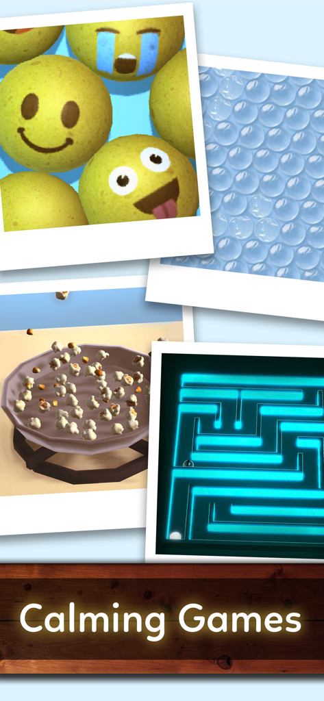 Stress Relief & Relaxing Games - Collage of calming mini games including bubble wrap neon maze and popcorn making