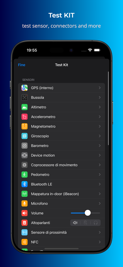 Device Monitor² - Screenshot of the Device Monitor app showing the Test Kit feature with a list of hardware sensors and diagnostic diagnostic tools for iPhone.