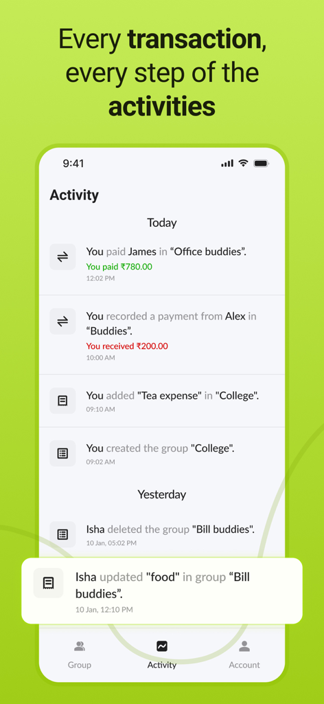 Settle up & Split rent: Splito - El feed de actividad en Splito que muestra el historial de transacciones y las actualizaciones grupales para gastos compartidos.