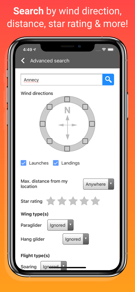 Paragliding Map - Advanced search interface in the Paragliding Map app featuring filters for wind direction, distance, and wing types.