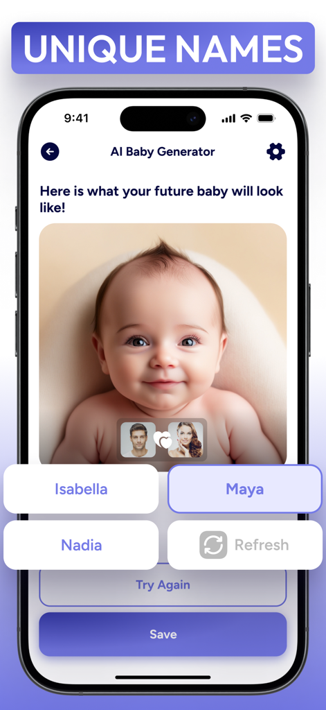 Visage de bébé généré par IA avec des suggestions de noms uniques dans l'application BabyFuture