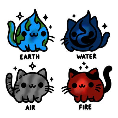 4 cats that represent the different elements, earth, water, air, and fire