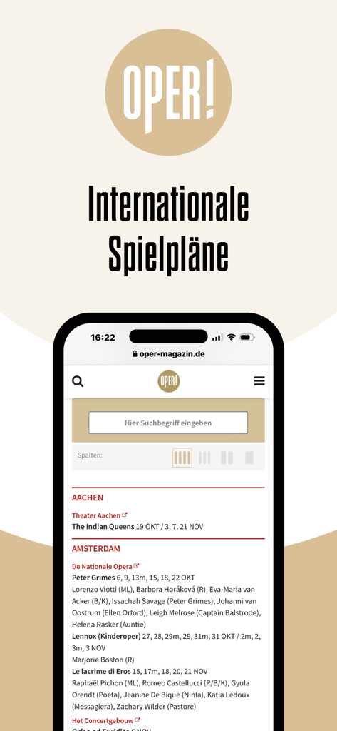 International opera performance schedules displayed on a mobile device in the OPER app