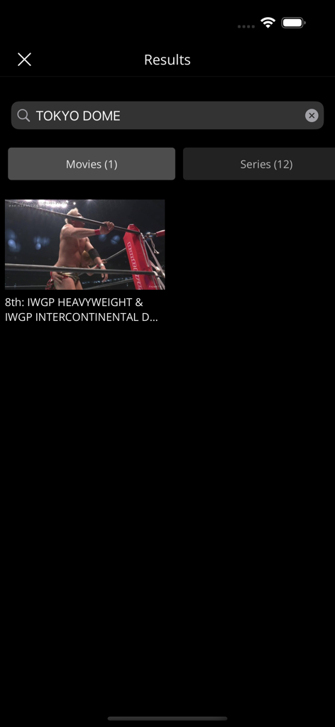 Search results for Tokyo Dome on the NJPW WORLD app showing wrestling match videos