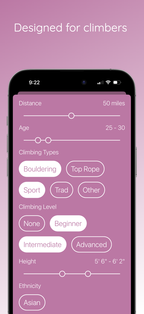 Boulder: Date a Climber - Search filters in the Boulder dating app showing options for climbing types like bouldering and sport as well as experience levels.
