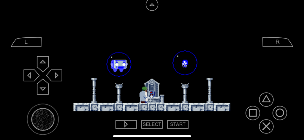 Emulador PPSSPP PSP ejecutando un juego pixel art con controles virtuales en pantalla.