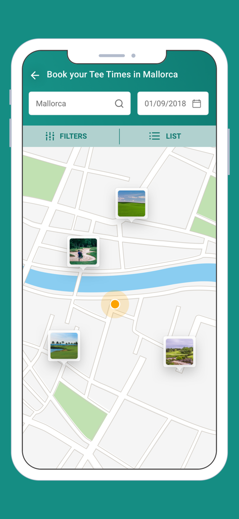 Tee Times Booking - Die Kartenansicht der Tee Times Booking App zeigt Golfplätze auf Mallorca.