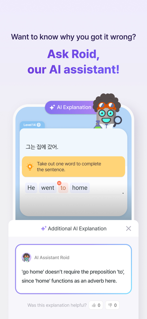 Epop: Learn Real-Life English - L'assistant IA Roid fournissant une explication grammaticale dans l'application d'apprentissage de l'anglais Epop