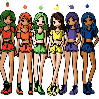 a group of girls wearing crop tops and shorts