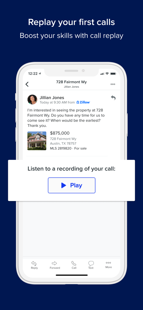 Premier Agent - Premier Agent app interface showing a call recording and play button for a real estate lead