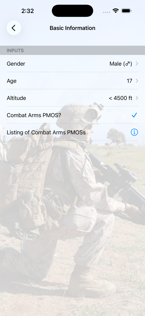 Fitness Calc for Marines - Basic information input screen for the Marine Corps fitness calculator app