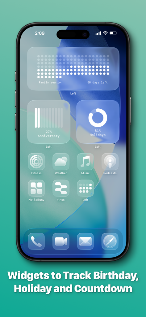 Left - Widgets for Time Left - Aesthetic iPhone home screen featuring widgets for event countdowns and progress tracking