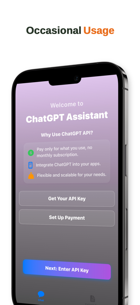 ai chat by api - APIによるAIチャットアプリのウェルカム画面。従量課金制の利用などを表示。