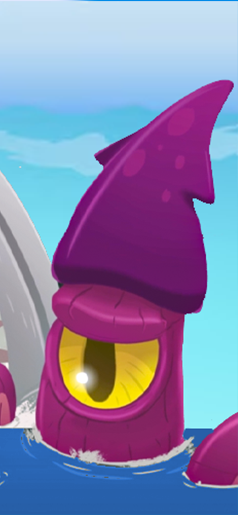 One Fish: Fishercat Collector - Un calamar morado gigante con un gran ojo amarillo emergiendo del agua en One Fish Fishercat Collector