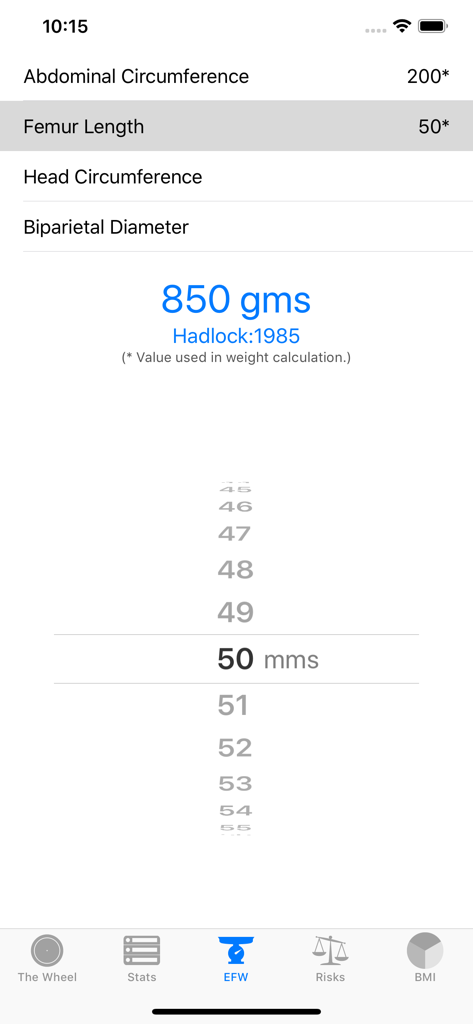 The OB Wheel Pro 7 - Interface showing estimated fetal weight calculation using ultrasound biometrics like femur length and abdominal circumference
