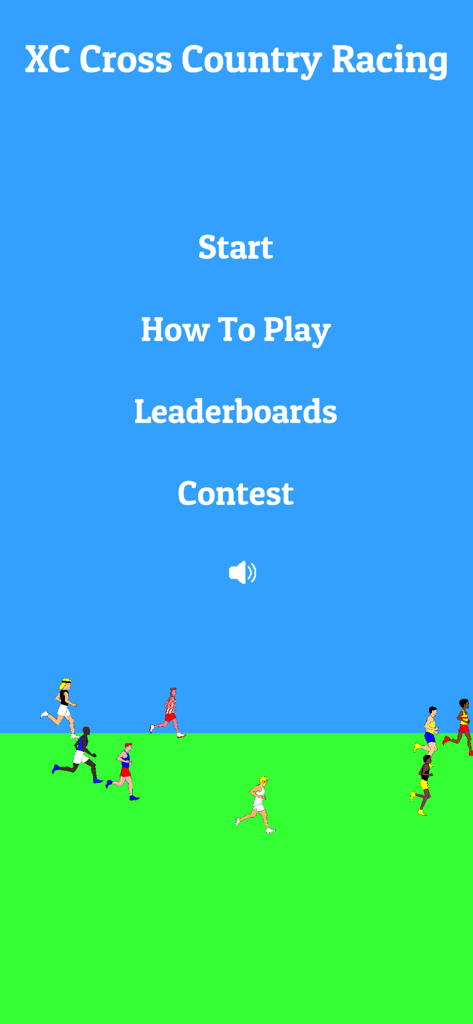 XC Cross Country Racing - Main menu screen of the XC Cross Country Racing game featuring pixelated runners and navigation buttons
