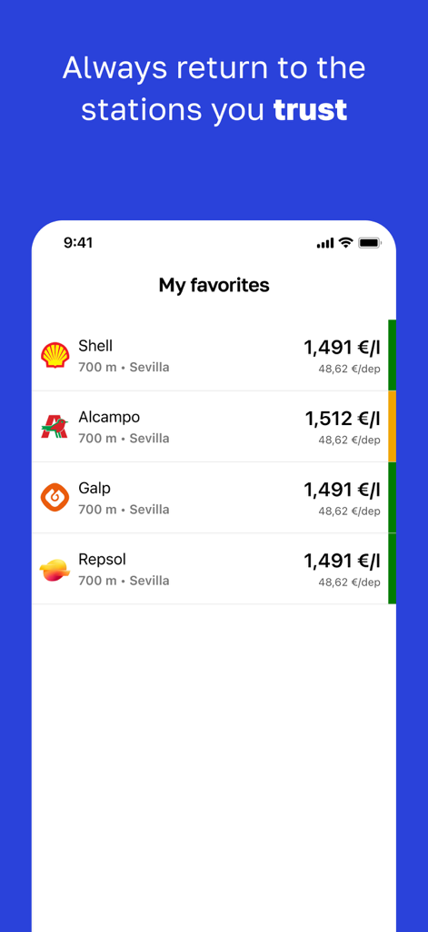 Pantalla de la aplicación GasAll mostrando una lista de gasolineras favoritas con precios de combustible en Sevilla, España