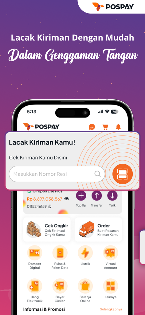 POSPAY mobile app interface showing a shipment tracking popup and various financial service icons for Indonesian utility payments