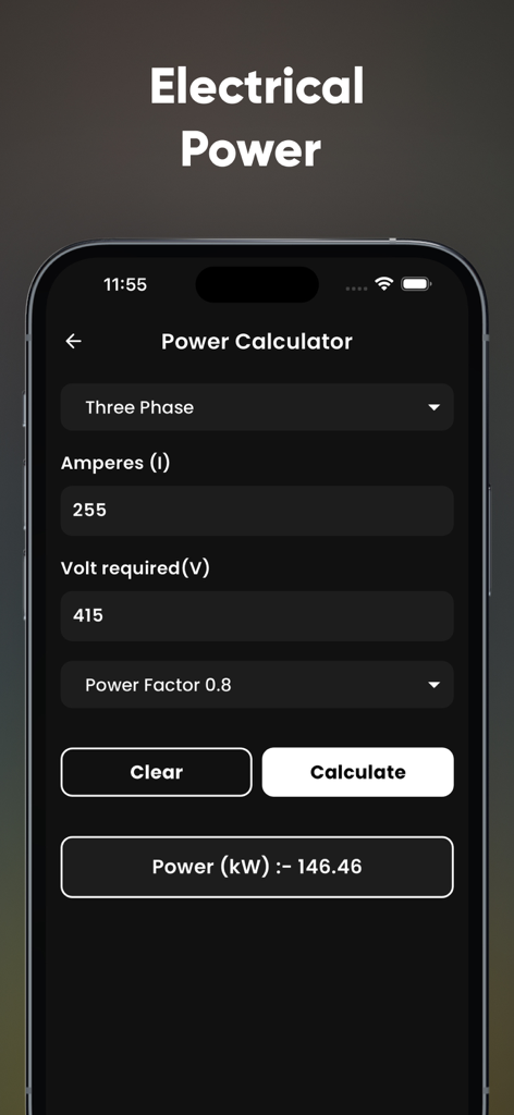 Electrical Power Calculator - Mobile app interface showing a three phase electrical power calculation for kilowatts with inputs for amperes and volts