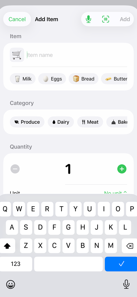 Grocery/ShoppingList - The Add Item interface of the MyGroceryList app showing smart suggestions for milk and eggs along with category selection buttons.