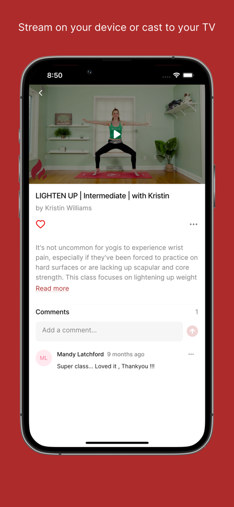 Interface of the LYT Daily app showing an intermediate yoga class video and community comments.