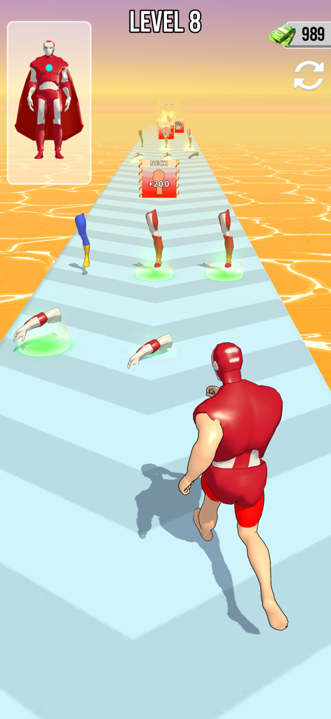 Un personaje corriendo en una pista en Crea Un Superhéroe recogiendo partes del cuerpo para transformarse en un superhéroe.