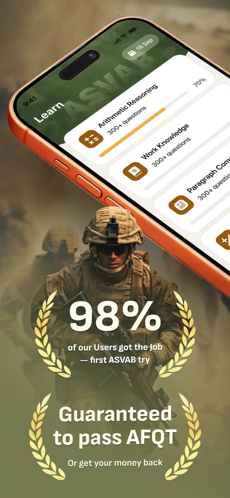 2026 ASVAB Practice Test Prep - 2026 ASVAB Practice Test Prep app interface showing study progress and a 98 percent user success rate for military exams