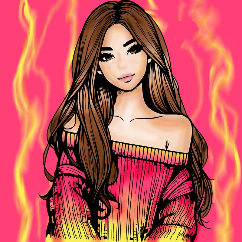 realistic girl with long hair wearing an off the shoulder sweater