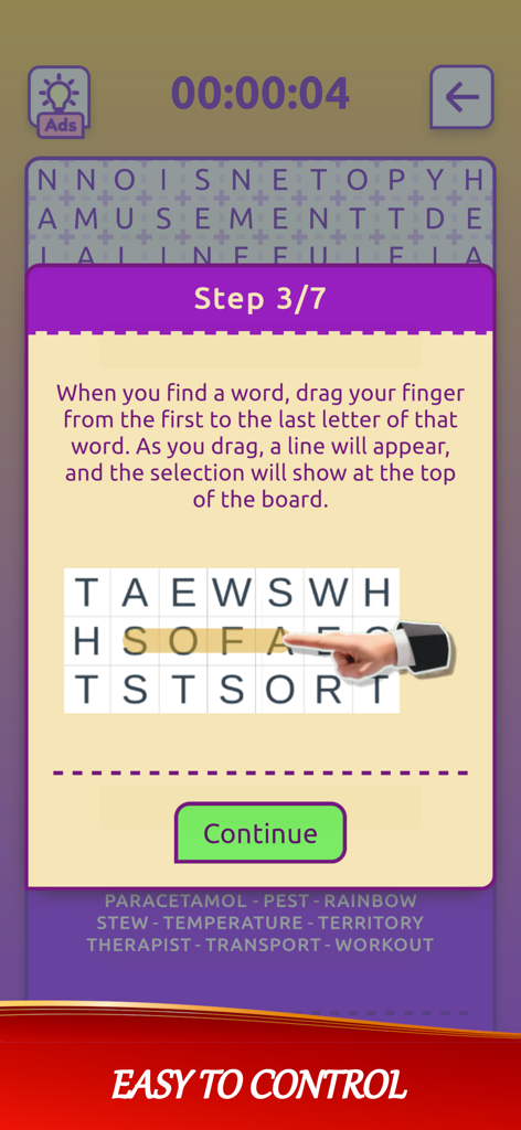 Un écran de tutoriel expliquant comment sélectionner des mots en faisant glisser un doigt dans l'application Mots Cachés - Apprendre les Langues.