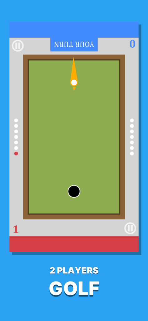 Vista superior de un mini-juego de golf local para dos jugadores en un solo dispositivo móvil