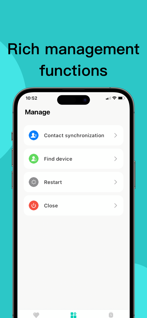 Screenshot of the Fire Boltt Fit Pro app showing management functions like contact synchronization and find device on an iPhone screen.