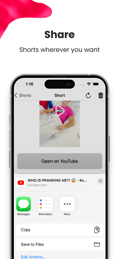 Save & View for YouTube Shorts - 動画リンクの共有のためにiOS共有シートを表示している、YouTubeショート動画保存・閲覧アプリのインターフェース。